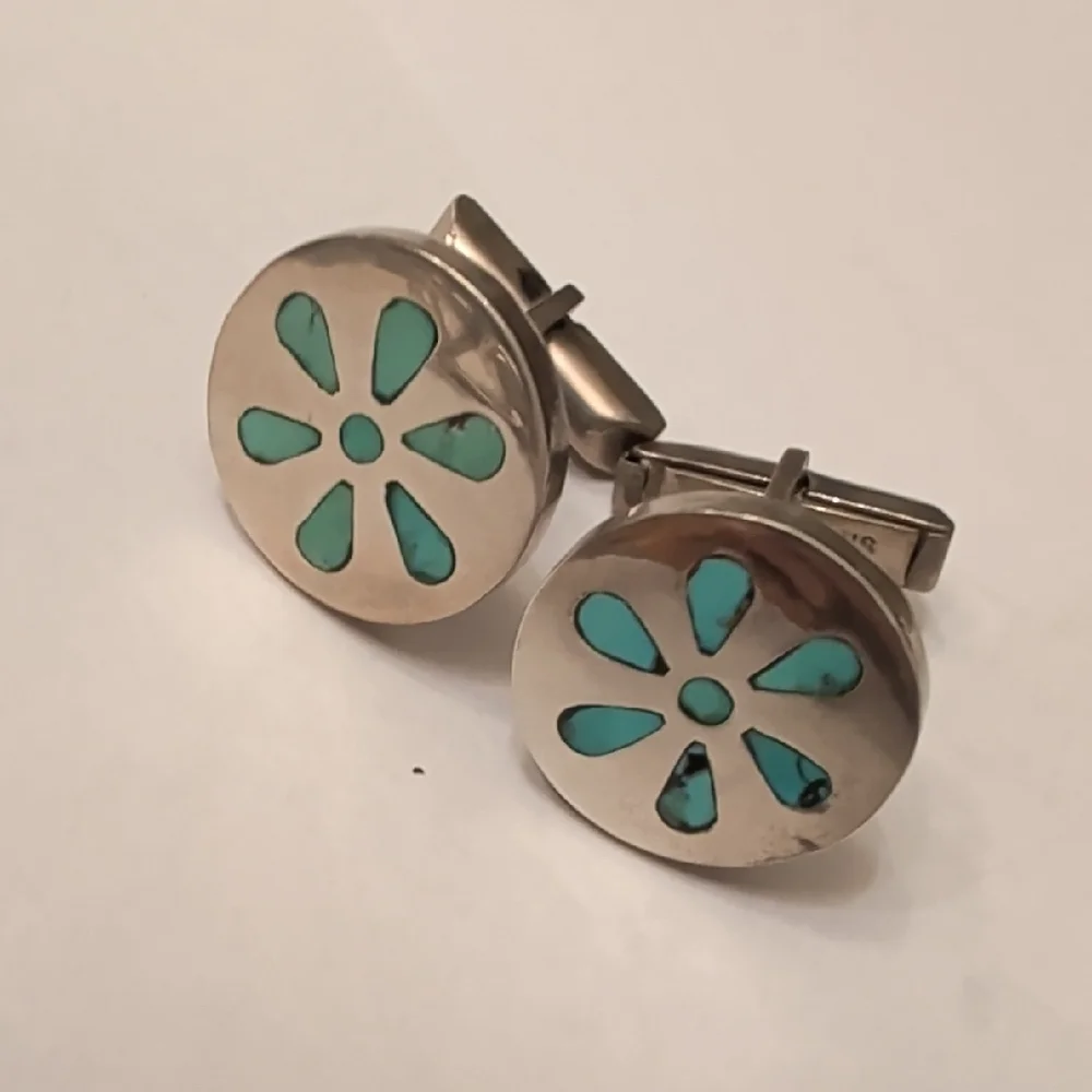 Vintage Sterling Silver Cufflinks with Turquoise Floral Inlay